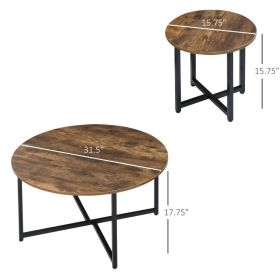 Round Coffee Table Set Of 2, Industrial Living Room Tables With Metal Frame, Circle Coffee Tables For Living Room, Rustic Brown