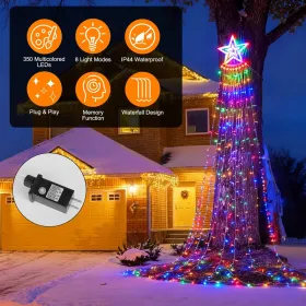 1Pc 11.48FT 350LED Multicolored Christmas Star Waterfall Tree String Light Indoor Outdoor Waterproof String Lights With Star Topper 8 Light Modes Mem