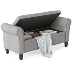50 Inches Storage Ottoman, End Of Bed Bench With Rolled Arms, Wood Legs, Button Tufted Storage Bench, Gray