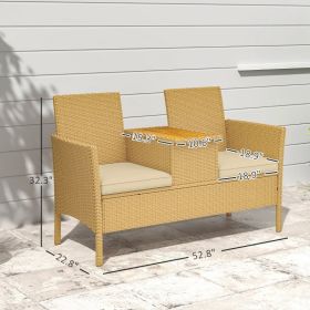 Patio Sofa Wicker Loveseat With Built-in Flip-Top Coffee Table And Cushions For Balcony, Garden, Lawn, Backyard, Khaki