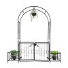 7.2FT Black Metal Garden Arbor with Arched Top Gate and Planter Boxes 16MM Tubing Iron Arch Trellis for Climbing Plants Outdoor Patio Lawn Backyard W