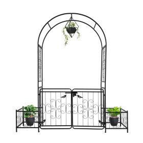 7.2FT Black Metal Garden Arbor with Arched Top Gate and Planter Boxes 16MM Tubing Iron Arch Trellis for Climbing Plants Outdoor Patio Lawn Backyard W