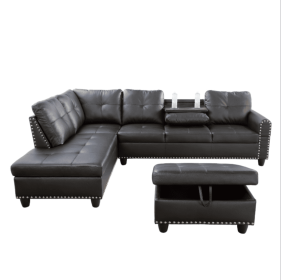 Self-pickup Only--Black Faux Leather Synthetic Leather 3-Piece Sofa Set (Option: F09912A   3PCS   S.C.O)