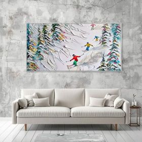3D Original Framed Skiing Art Skiing On Snow Mountain Custom Outdoor Ski Party Canvas Oil Painting Abstract Cedar Texture Wall Art Christmas (Style: 01, size: 70x140cm)
