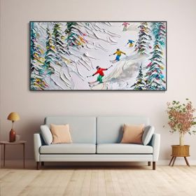 3D Original Framed Skiing Art Skiing On Snow Mountain Custom Outdoor Ski Party Canvas Oil Painting Abstract Cedar Texture Wall Art Christmas (Style: 01, size: 80x160cm)