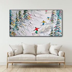 3D Original Framed Skiing Art Skiing On Snow Mountain Custom Outdoor Ski Party Canvas Oil Painting Abstract Cedar Texture Wall Art Christmas (Style: 01, size: 100x200cm)