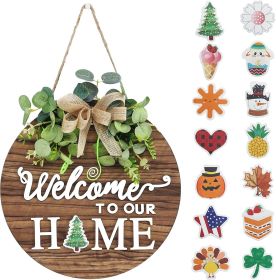Interchangeable Seasonal Welcome Sign Front Door Decoration, Rustic Round Wood Wreaths Wall Hanging Outdoor, Farmhouse, Porch, for Spring Summer Fall (Color: 01blown)